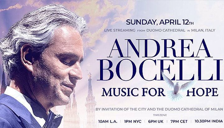 Відомий тенор Андреа Бочеллі проведе великодній концерт «Музика для надії» в порожньому соборі Мілана. Фото: скріншот заставки до відео на YouTube-каналі Andrea Bocelli