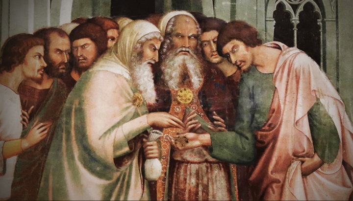 Юда продає Ісуса за тридцять срібняків. Ліппі Меммі (1291-1356). Фреска. Дуомо ді Сан-Гіміньяно. Фото: setthings.com