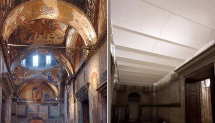 Закриті підвісними стелями фрески монастиря Хора. Фото: romfea.gr