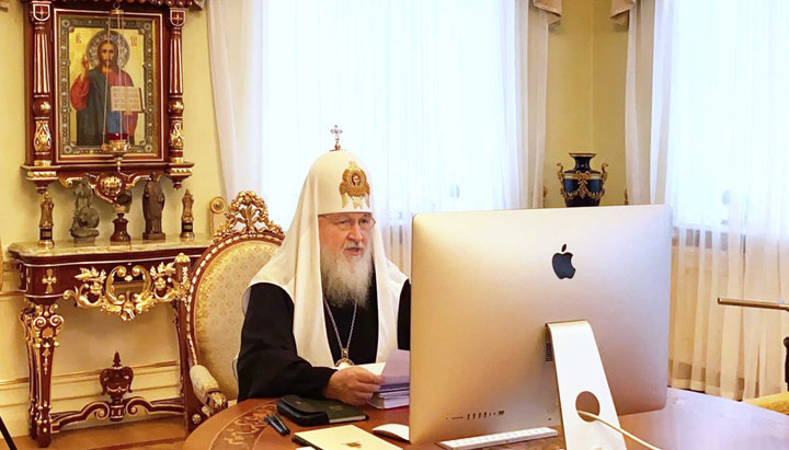 Патріарх Кирил під час засідання Синоду РПЦ, яке проводилось дистанційно. Фото: foto.patriarchia.ru