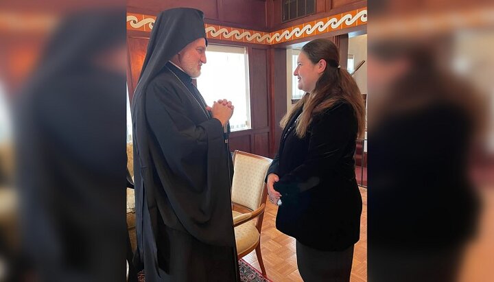 Archbishop Elpidophoros and Oksana Markarova. Photo: Archbishop Elpidophoros of America facebook page