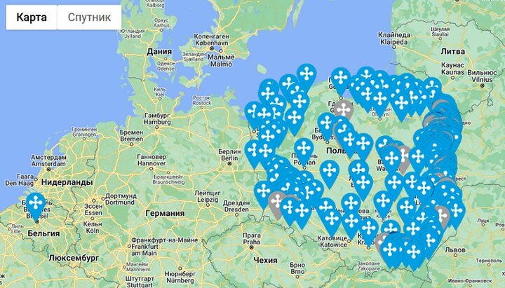 Карта православных храмов на территории Польши. Фото: скриншот ukraina.cerkiew.pl