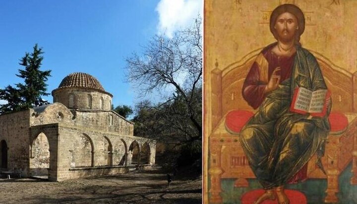 Икона «Спас на троне» и церковь Антифонитис. Фото: orthodoxianewsagency.gr