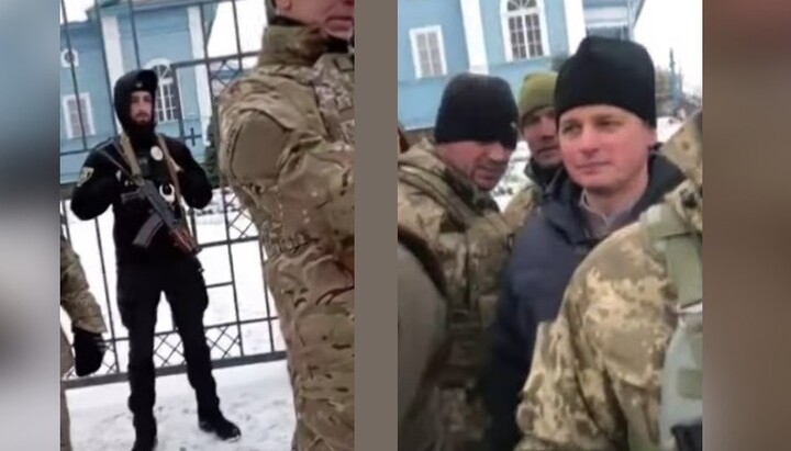 The “priest” of the OCU with armed men takes part in the seizure of the UOC temple in Mikhaylivka-Rubezhivka. Photo: screenshot of the video on the First Cossack Youtube channel.