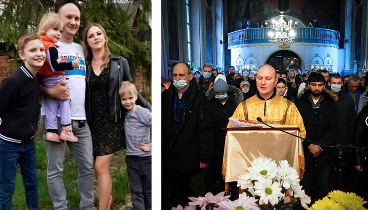 Євген Надвуличний з дружиною та дітьми (18 березня 2021 року) та під час читання Апостола в храмі. Фото: ozerjanskij.kharkov.ua