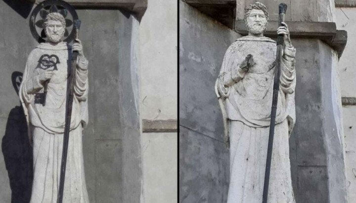 The statue of St. Peter: before the lightning strike (left) and after it (right). Photo: twitter.com/LepantoInst