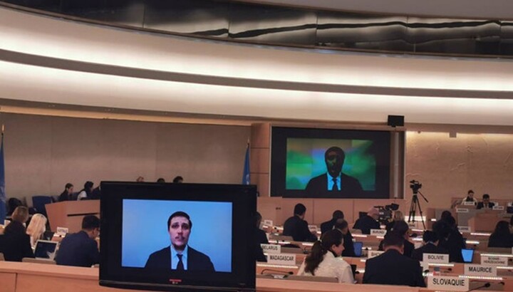 Протоієрей Микита Чекман виступає на сесії в ООН. Фото: protiktor.com