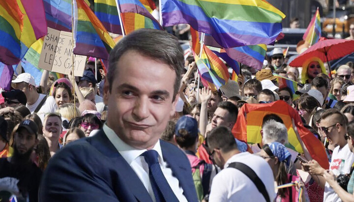 Прем'єр-міністр Греції Кіріакос Міцотакіс на тлі гей-параду. Фото: ortodoxia-ellhnismos.gr